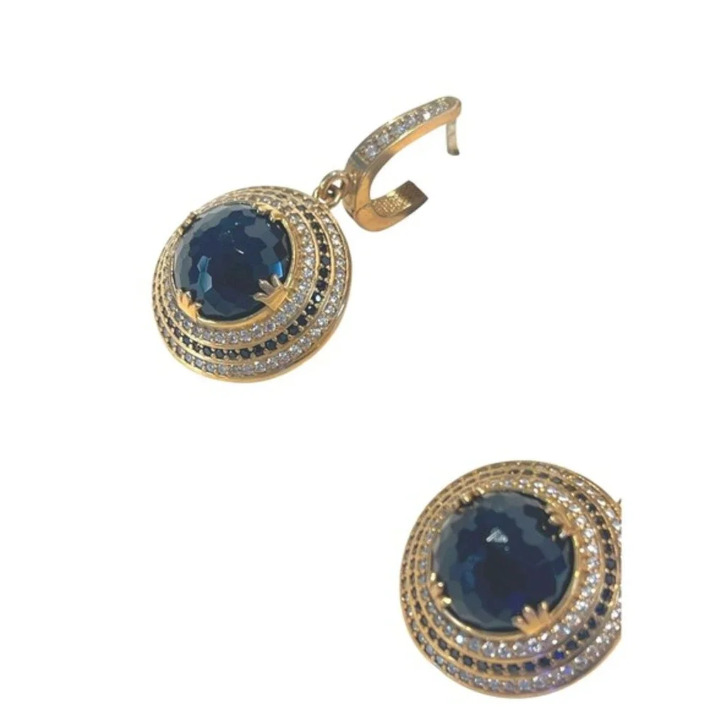 MISA 925‎ Vermeil Black Onyx & CZ Halo Drop Earrings, Pavé Huggie, Signed - Picture 6 of 6